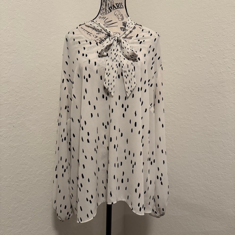 Worthington Woman 2X Dalmatian Print Pussybow Blouse Cruella Long Sleeve Top